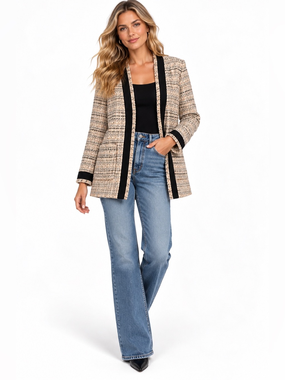 Ann Taylor Women’s L Tweed Bouclé Jacket Beige Black Fringe Trim Open Front Blaz